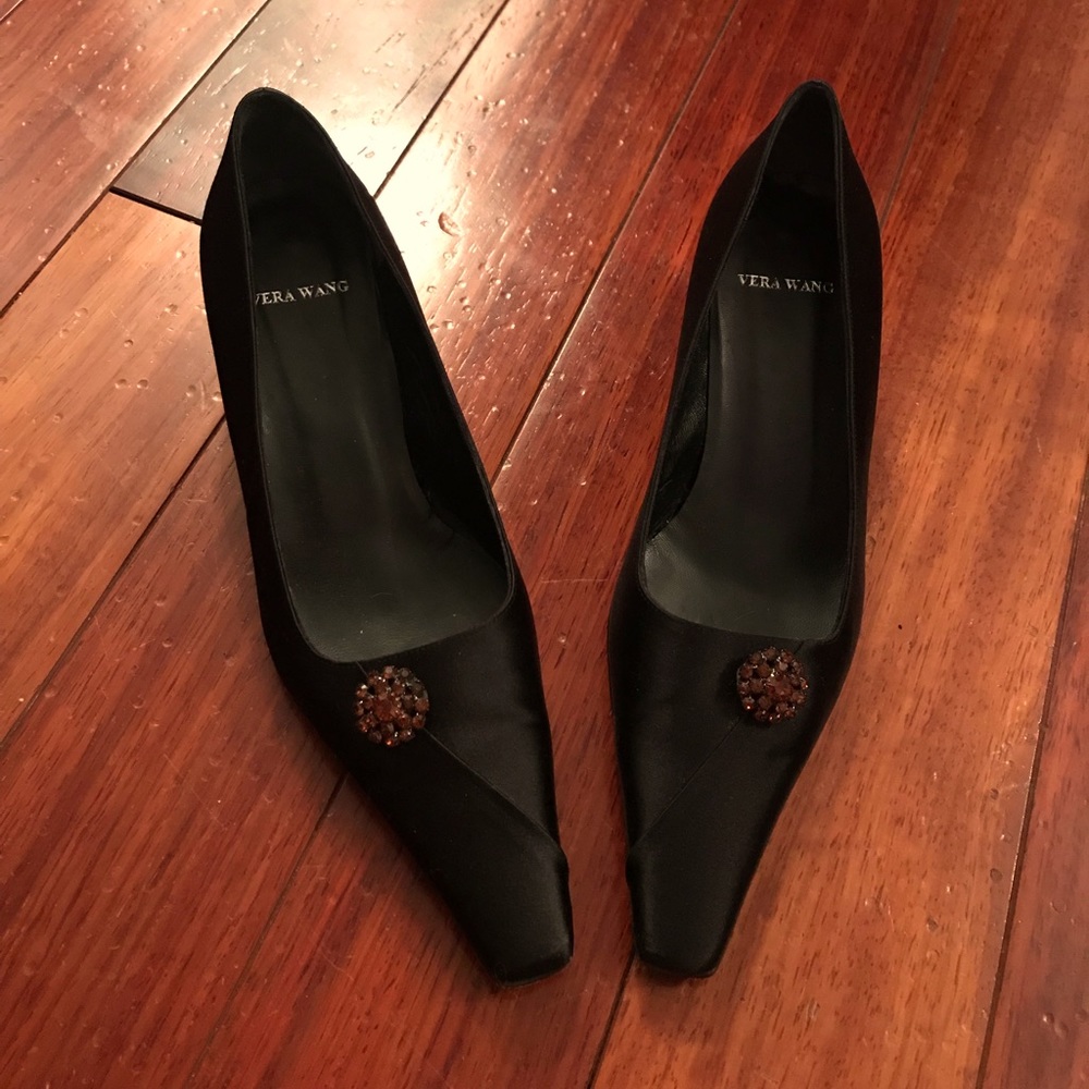 Vintage Vera Wang Satin Square Toe Kitten Heels with Brooch